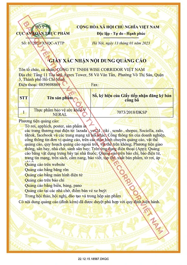 Giấy xác nhận quảng cáo V-Neral - Cục ATTP Bộ Y tế
