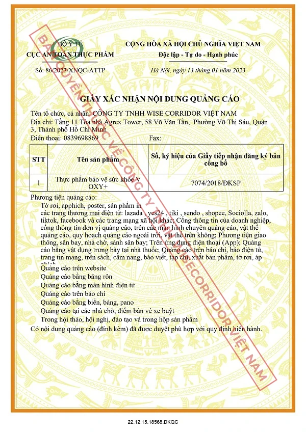 Giấy xác nhận quảng cáo V-Oxy+ - Cục ATTP Bộ Y tế