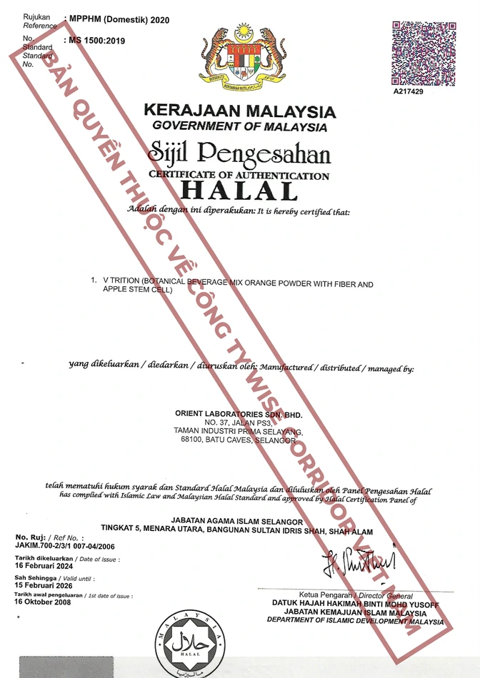 Chứng nhận Halal V-Trition - JAKIM Malaysia