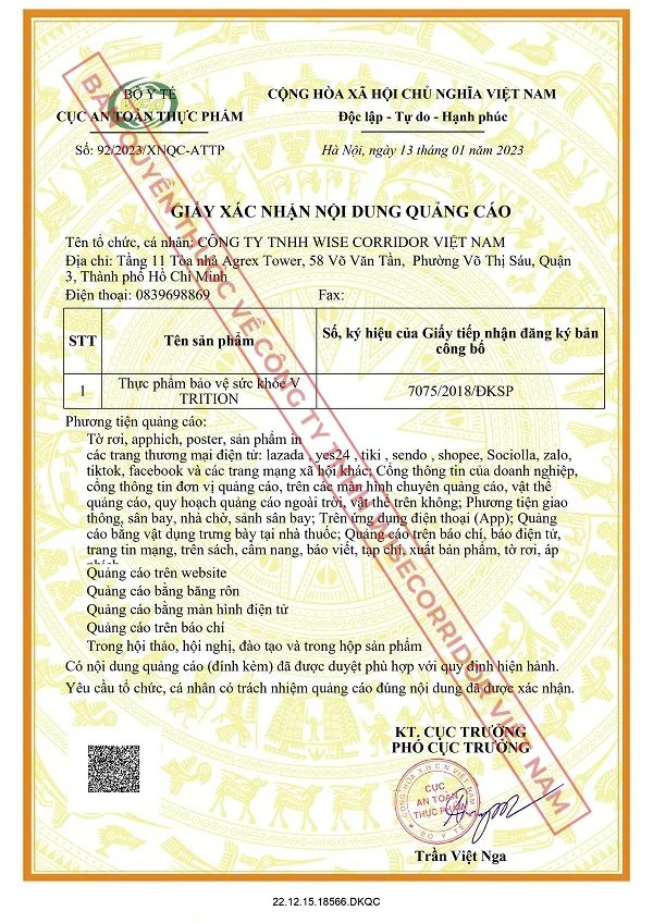 Giấy xác nhận quảng cáo V-Trition - Cục ATTP Bộ Y tế