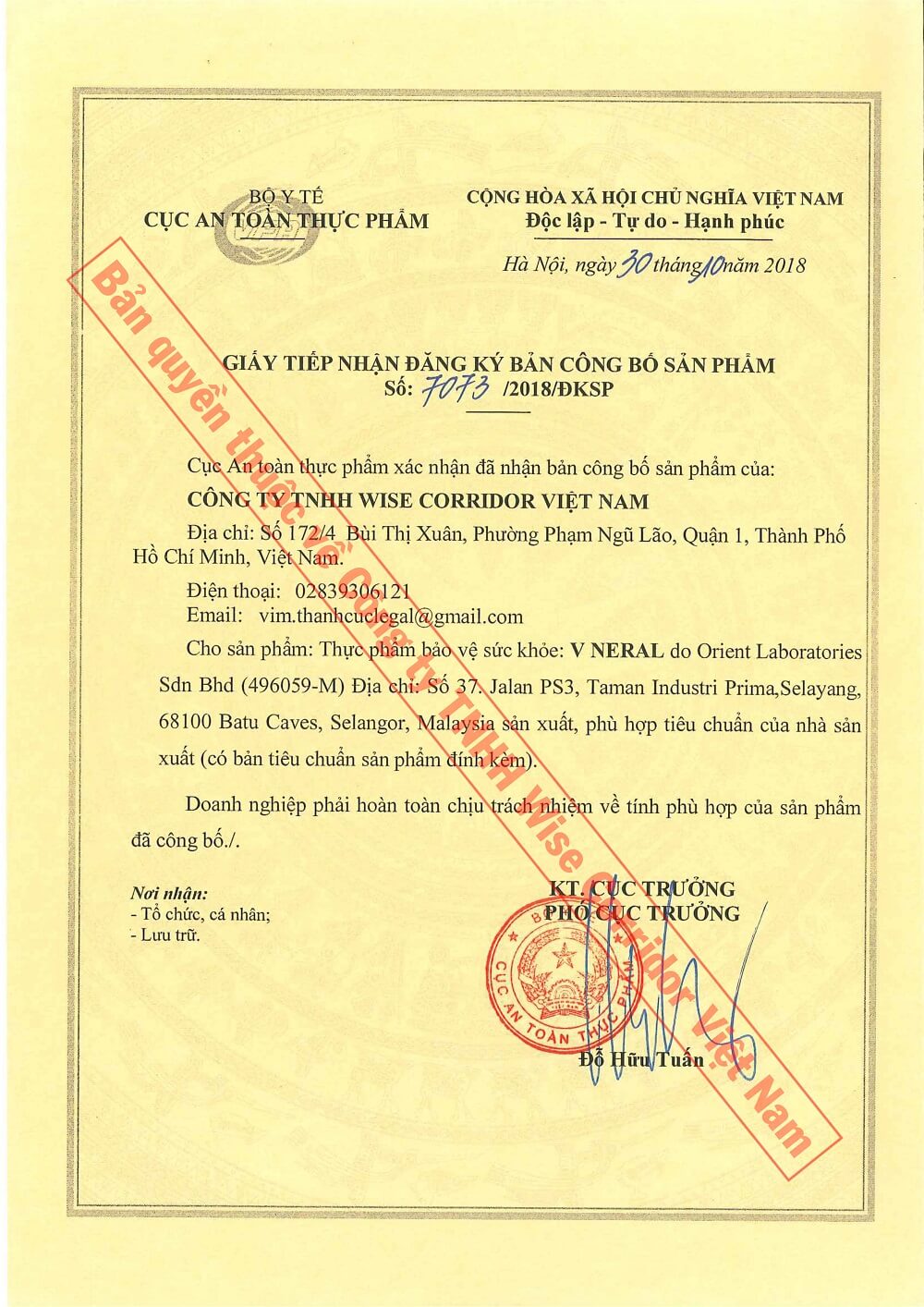 Giấy phép lưu hành V-Neral - Số 7073/2018/ĐKSP