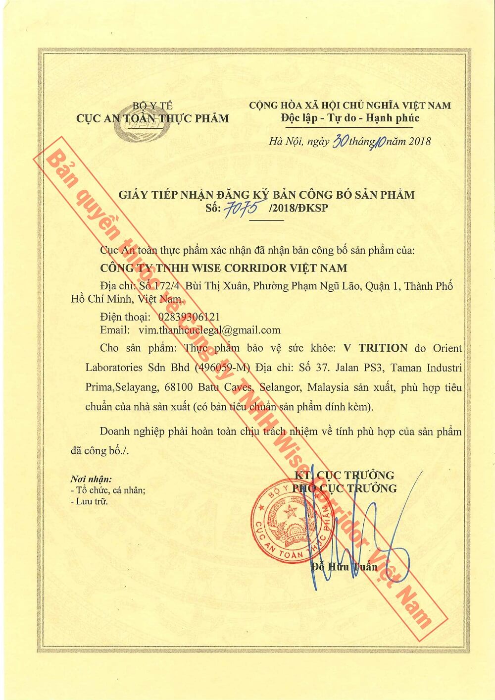 Giấy phép lưu hành V-Trition - Số 7075/2018/ĐKSP
